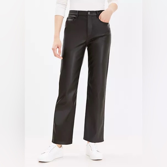 LOFT Black Straight Leg Faux Leather 5-Pocket Pants - Picture 2 of 5